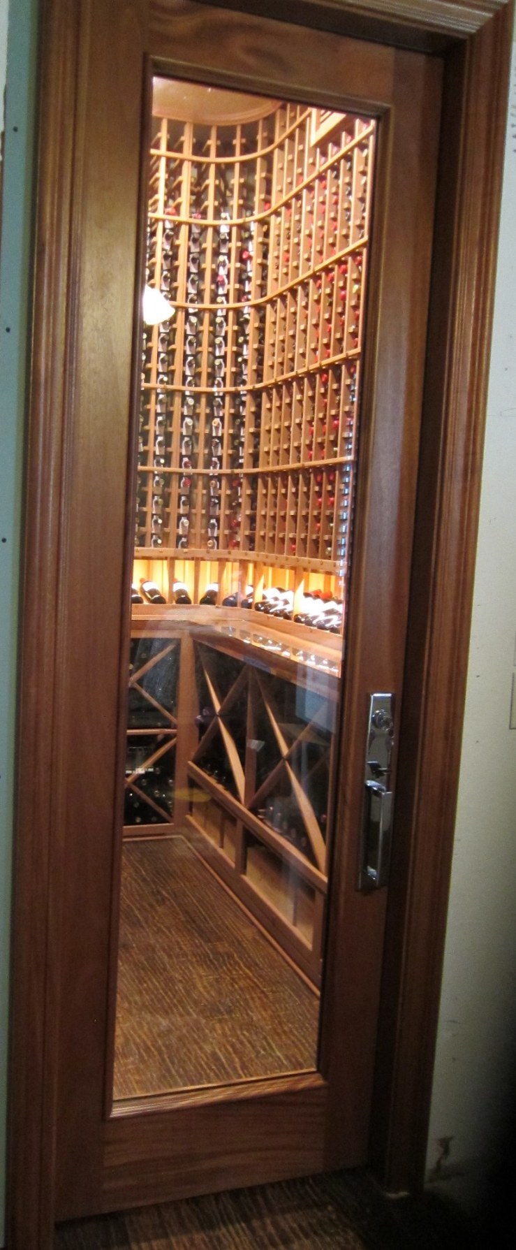 Barolo Glass Wine Cellar Door in Mahogany with Wheat Stain and Lacquer Designed by Austin Master Builders