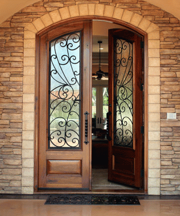 Glass Door with Wrought Iron and Wood Components Used in One of Projects in Austin