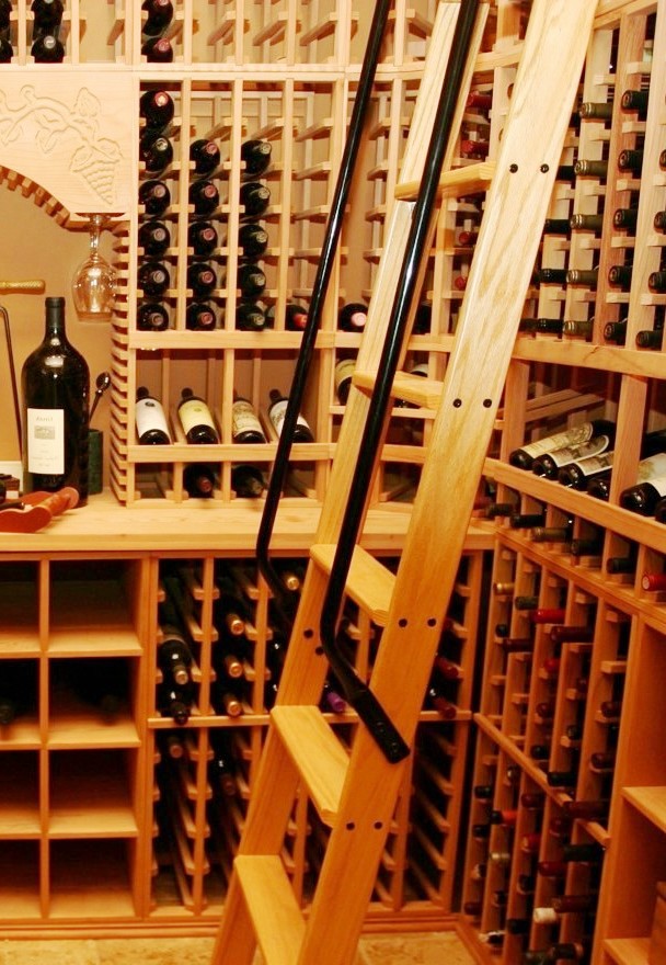 Wine Cellar Ladder with Metal Hand Rails Installed in a Home Wine Cellar in Austin