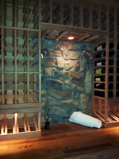 All Heart Redwood Wine Racks with Wine Barrel Tabletop Built by Austin Master Builders