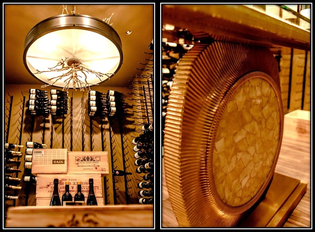 Unique Wine Cellar Lighting and Gold Table Were Incorporated into this Modern Commercial Wine Cellar Design